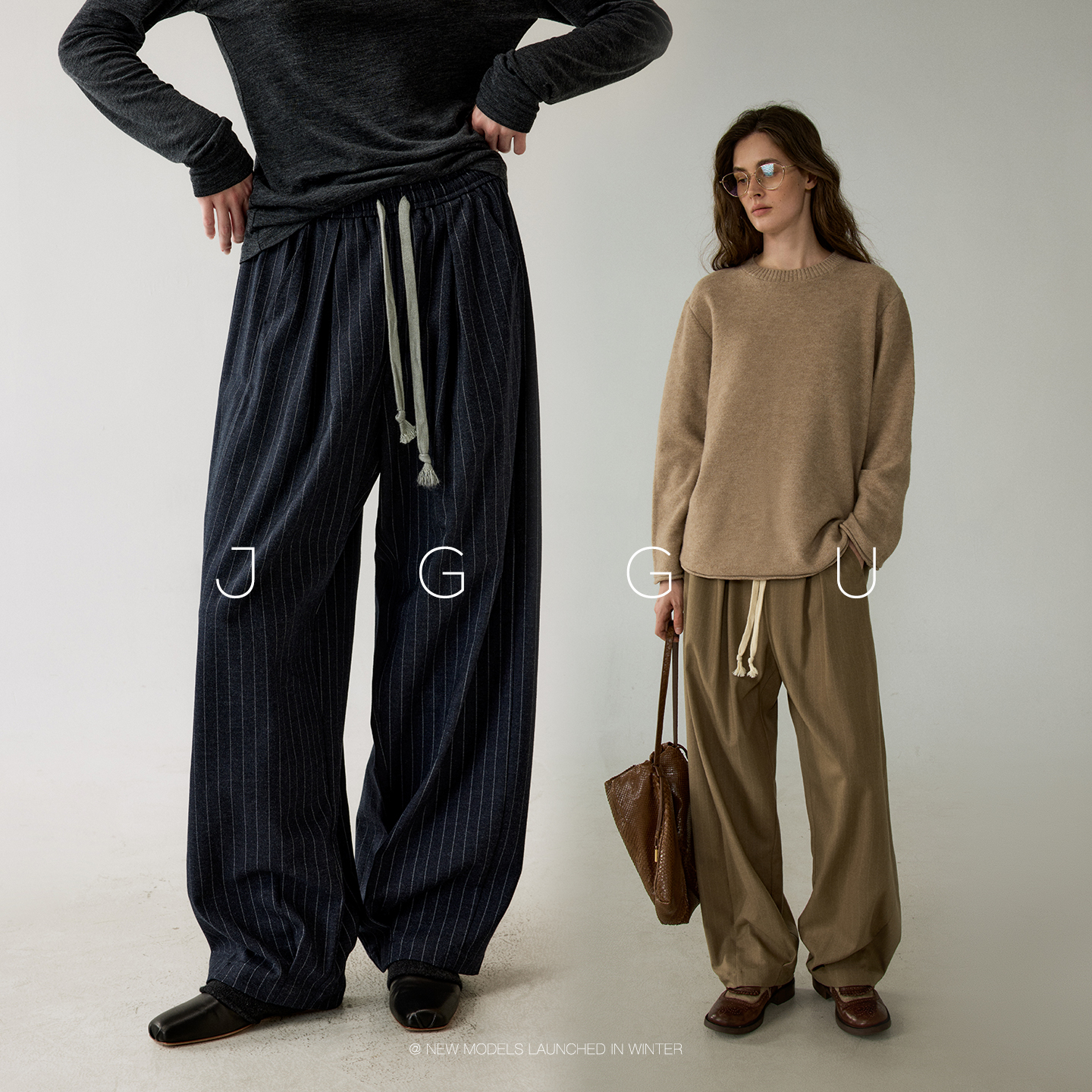 晶咕黑标JGGU【优雅工作日】重磅色织条纹面料松紧腰抽绳休闲裤女