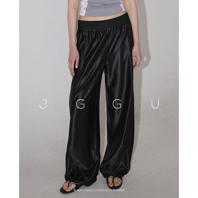 晶咕黑标JGGU【杜赛假期】2025款女夏季缎面质感拖地休闲阔腿裤子