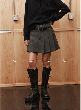 晶咕黑标JGGU格雷系TR混纺面料学院风减龄百搭压褶刺绣半身裙裤