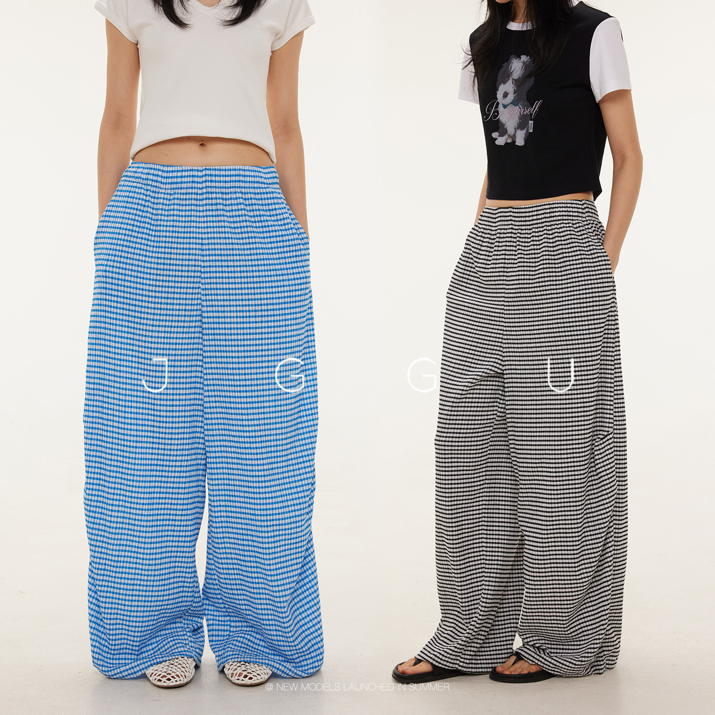 晶咕黑标JGGU【放轻松】美式复古慵懒风显瘦细格纹松紧腰裤子女夏