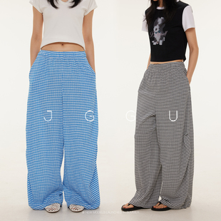 晶咕黑标JGGU【放轻松】美式复古慵懒风显瘦细格纹松紧腰裤子女夏