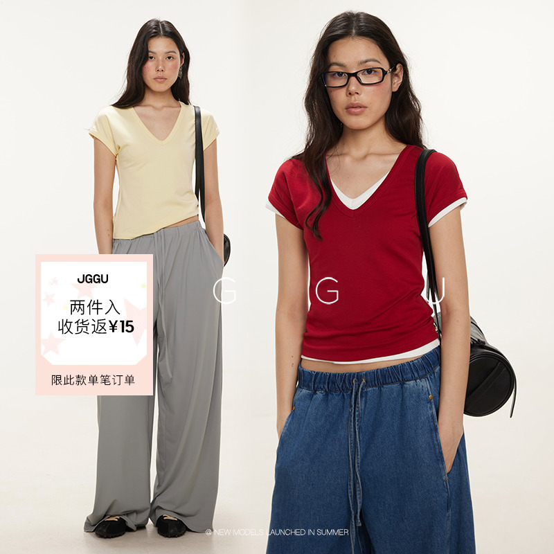 晶咕黑标JGGU【强推刚需】莫代尔棉混纺多色V领质感极简T恤女夏