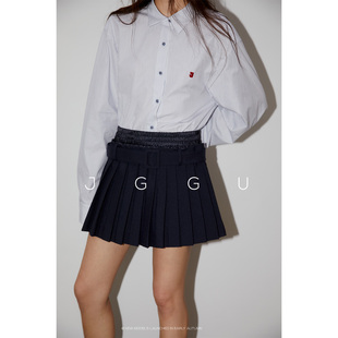 复古学院风A字半裙 新款 晶咕黑标JGGU 弹力拼接腰带百褶裙秋季