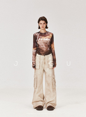 晶咕黑标JGGU高品质定染网纱面料经典美拉德长袖网纱打底收腰T恤