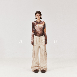 晶咕黑标JGGU高品质定染网纱面料经典美拉德长袖网纱打底收腰T恤