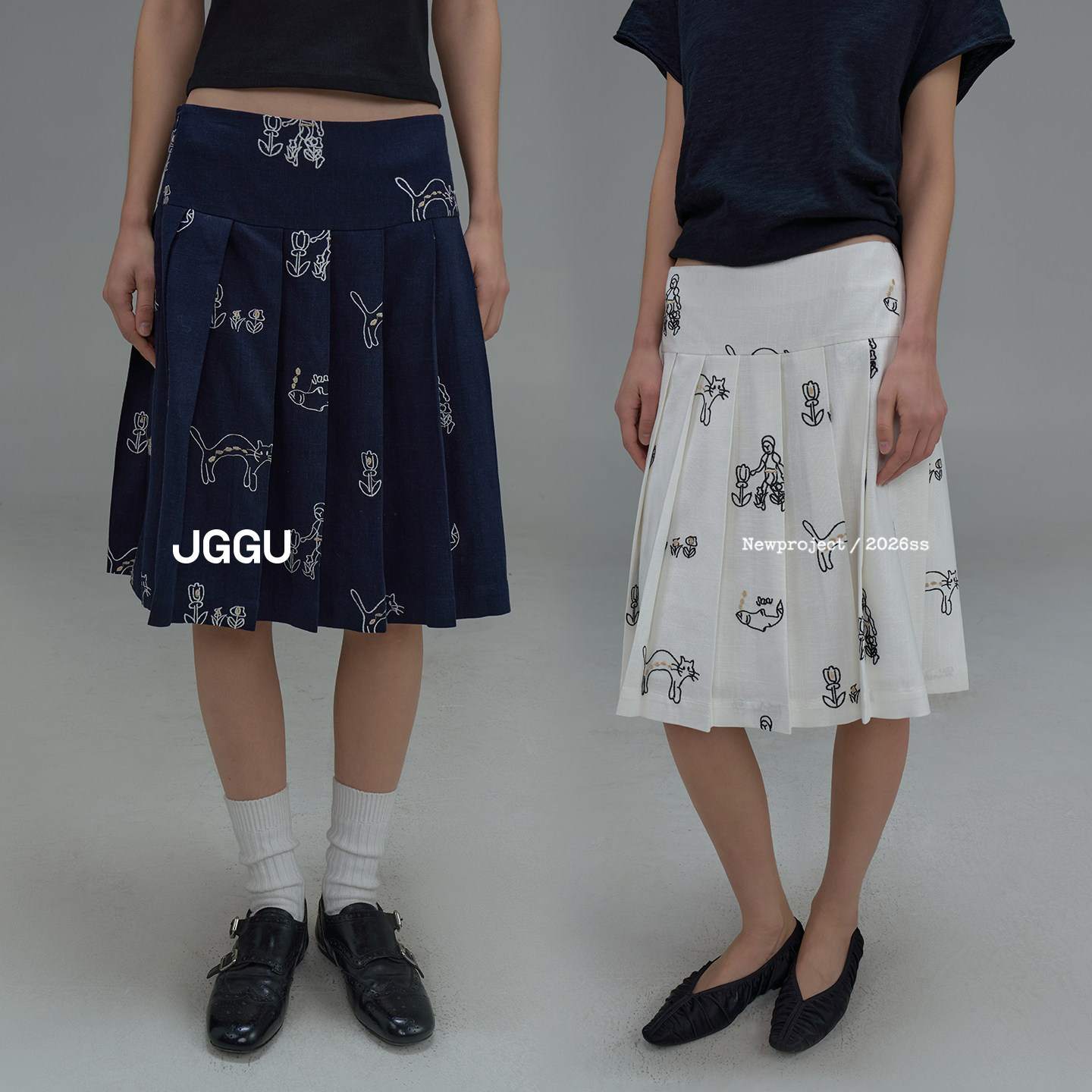晶咕黑标JGGU【猫咪花园】清新减龄时尚百搭优雅刺绣压皱长半身裙