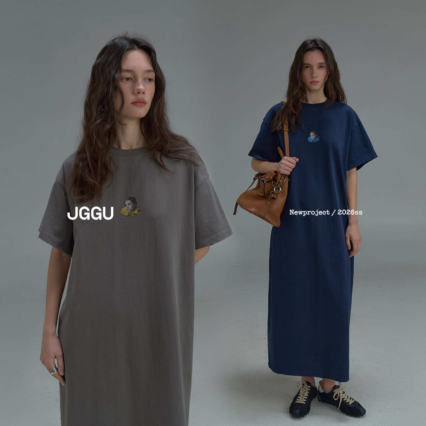 晶咕黑标JGGU【油画女孩】时尚复古头像印花宽松显瘦T恤连衣裙
