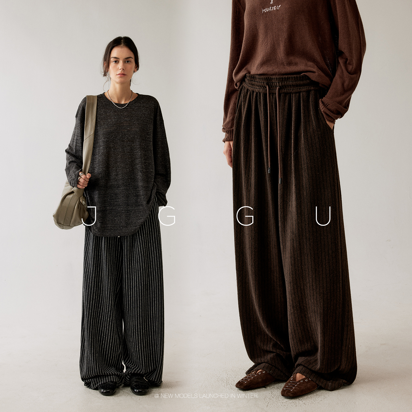 晶咕黑标JGGU 【叙事间奏】桑蚕丝羊毛混纺条纹面料松紧腰阔腿裤