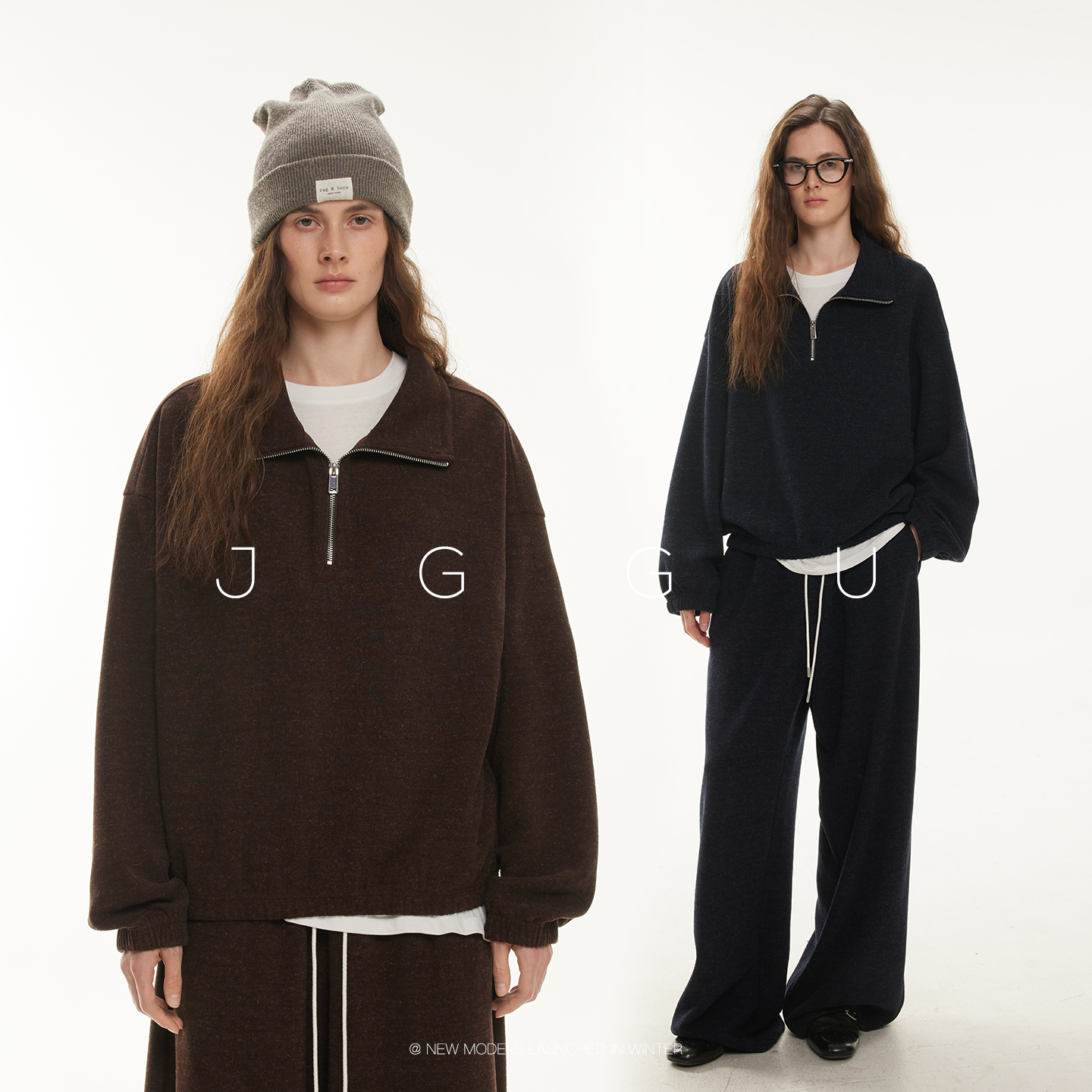 晶咕黑标JGGU【时髦遛弯  】休闲懒人翻领拉链卫衣外套阔腿裤套装