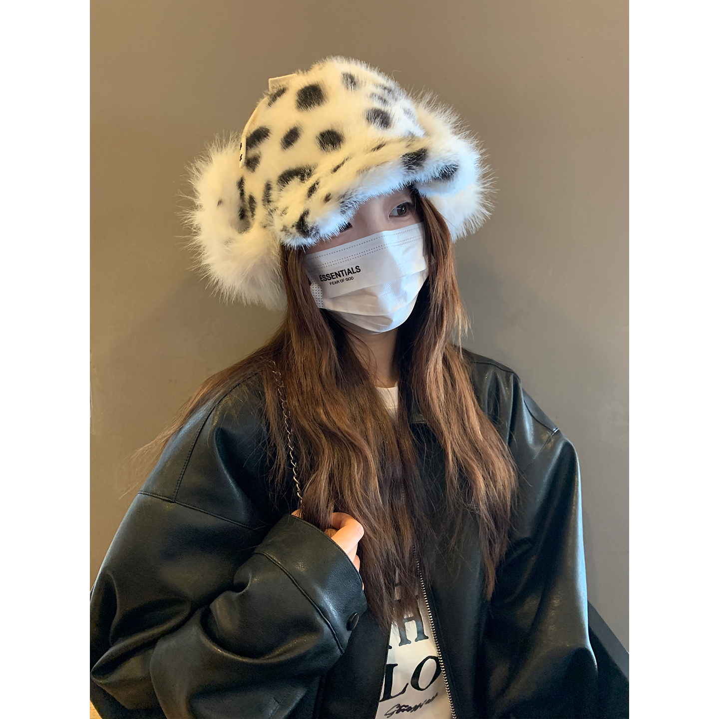 韩系ins毛绒绒豹纹雷锋帽