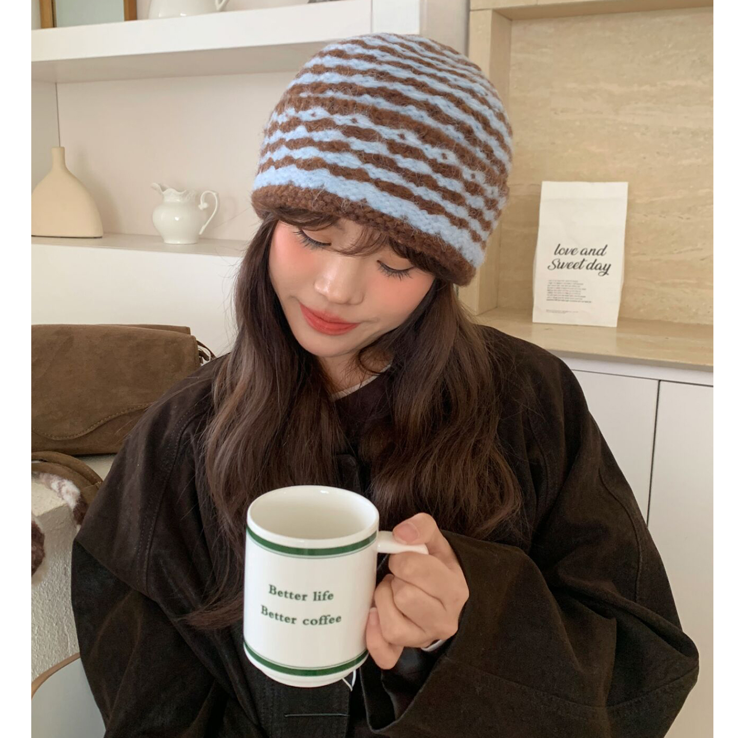 冬季大头围复古条纹加厚针织帽