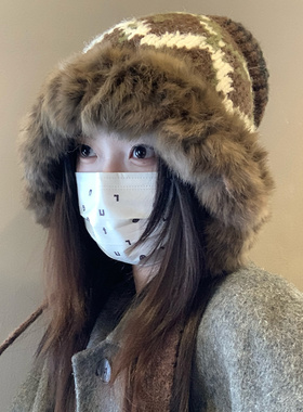 费尔岛含羊毛线帽女2025冬季毛绒绒显脸小套头骑行防寒保暖兔毛帽