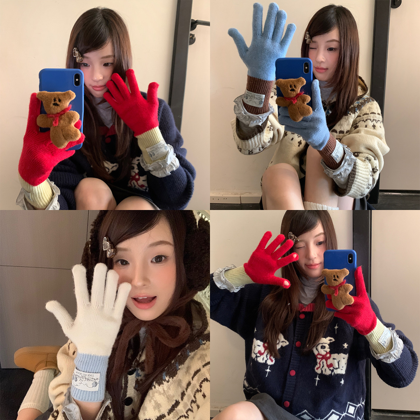 美拉德拼接针织可触屏手套女冬季韩版逛街百搭可爱保暖防寒手套