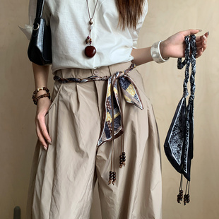 民族风设计感编织腰带女新款 饰小众百搭腰绳 印花丝巾串珠腰间装