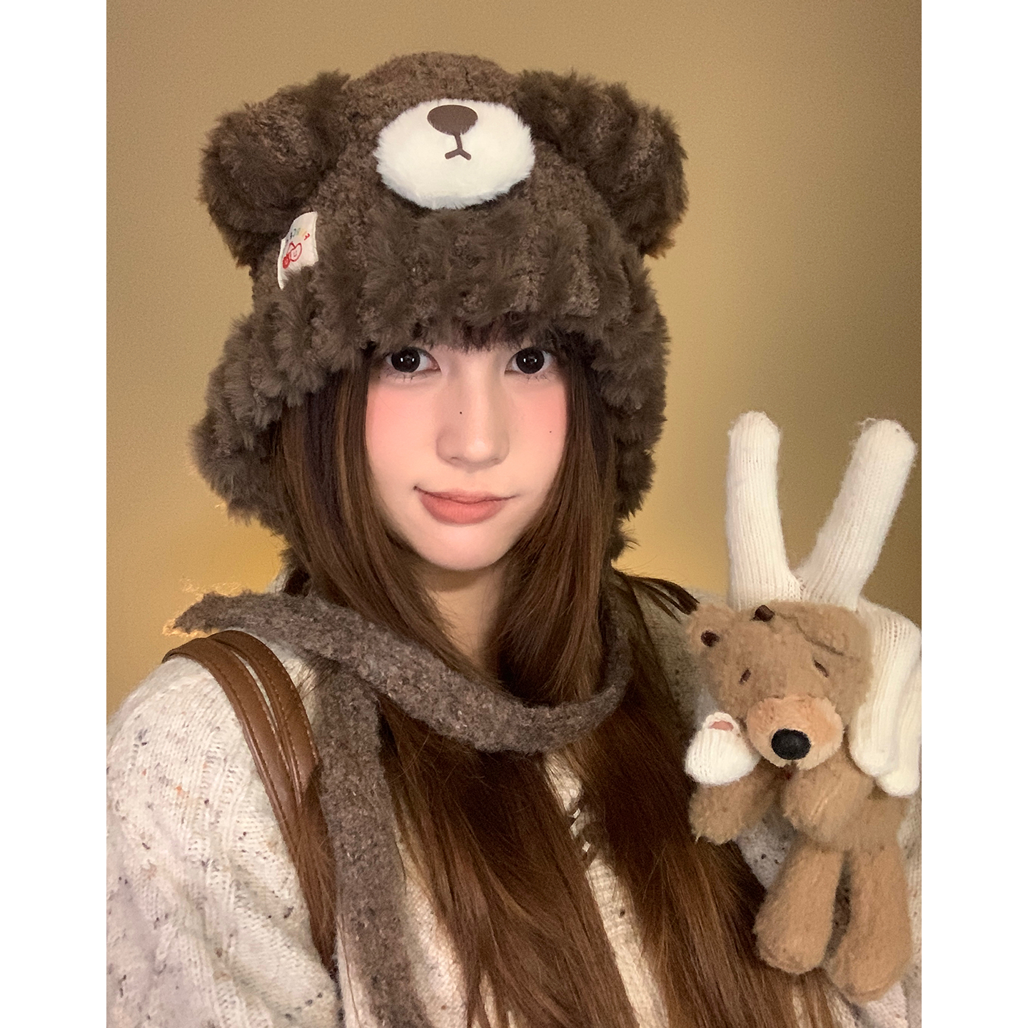 大头围加厚可爱棕色小熊毛绒帽