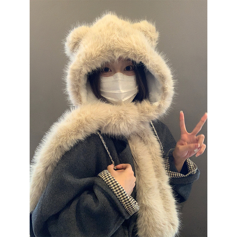 冬季可爱纯色小熊帽子围巾一体