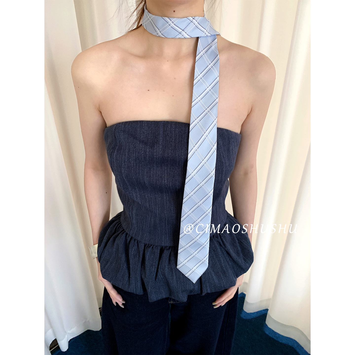 蓝色甜美格纹长条丝巾女学院风窄款系脖领结时髦高级感领带配饰