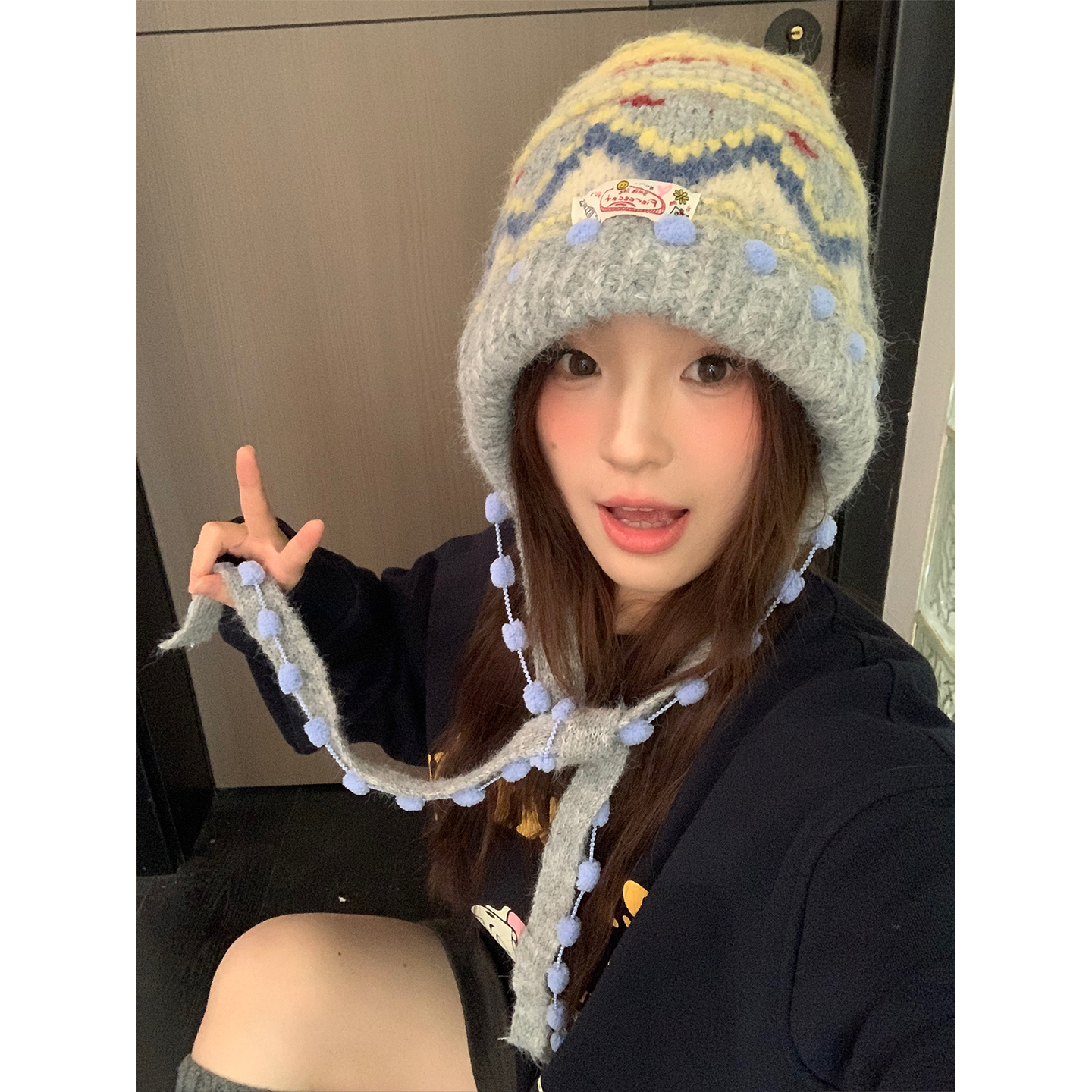 费尔岛风提花绑带针织帽