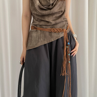 棕色编织民族风串珠腰带女波西米亚风配裙子流苏腰链装 饰复古腰绳