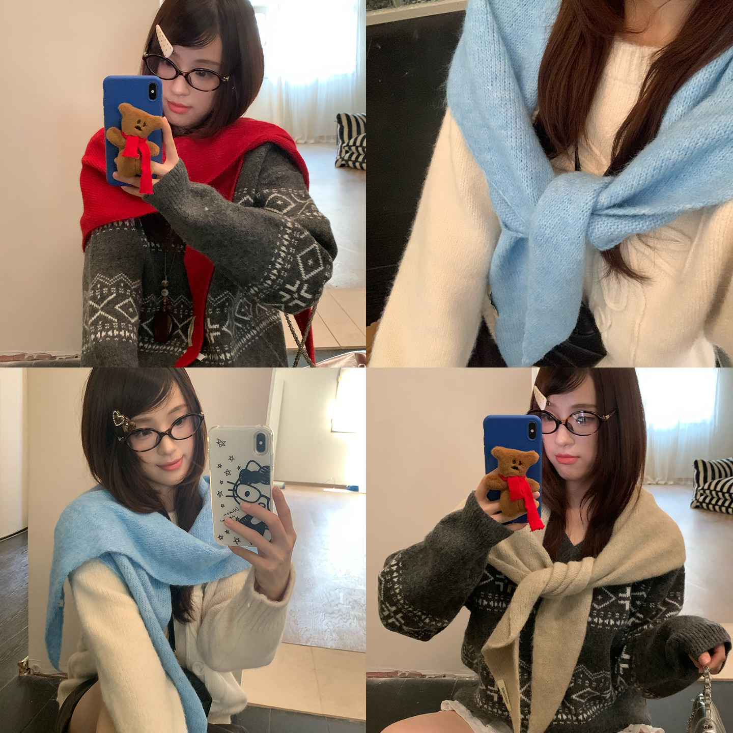 含羊毛蓝色韩版三角披肩