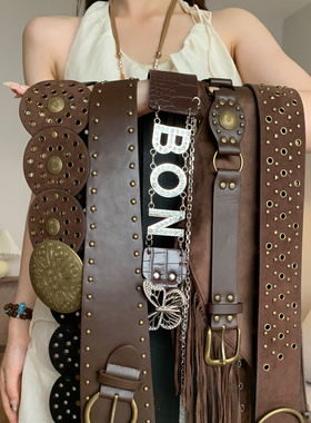 复古美式西部风棕色宽腰带女配牛仔裤带装饰废土风美拉德铆钉腰封
