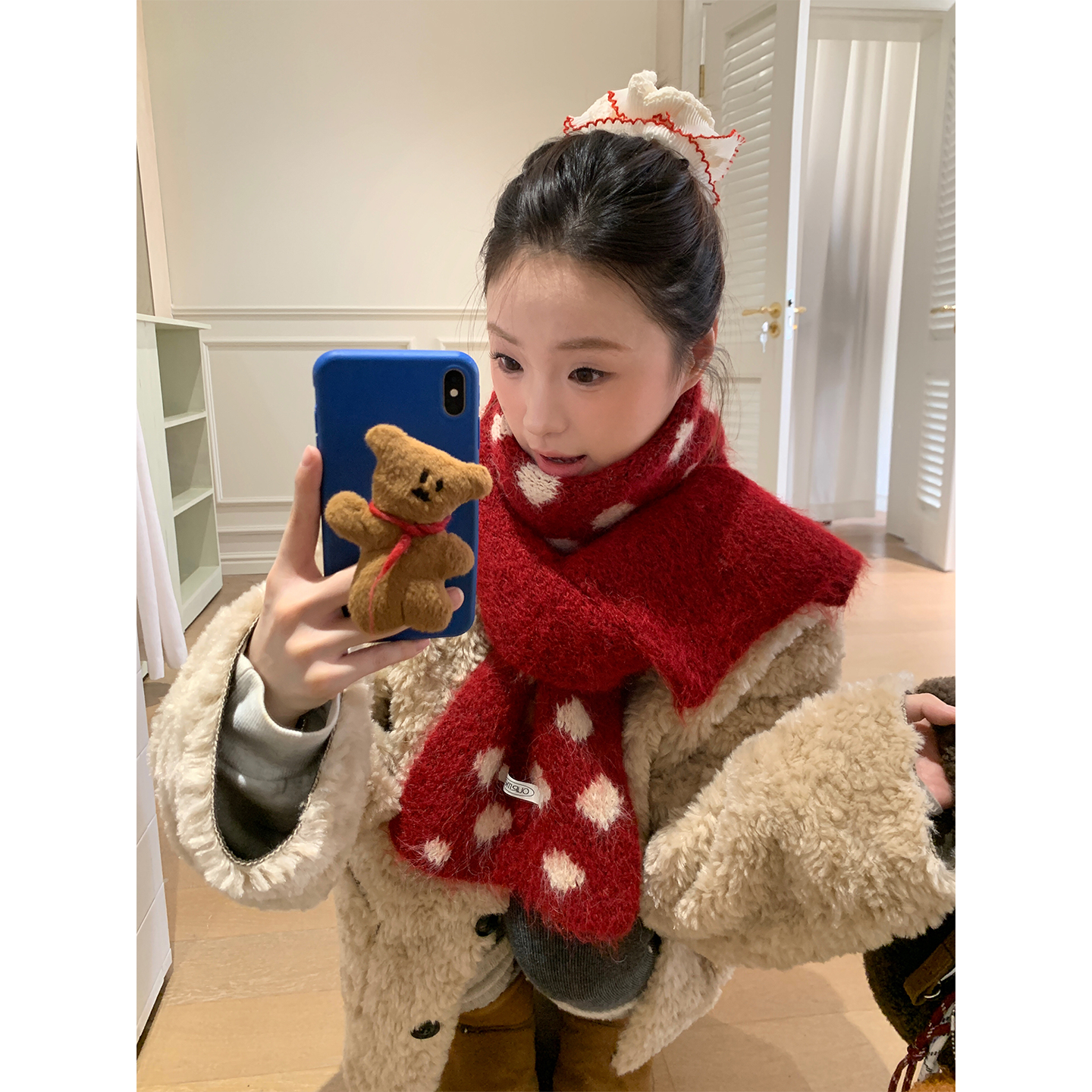 韩系波点针织围脖红色围巾女秋冬季ins含羊毛保暖护颈防寒软糯潮