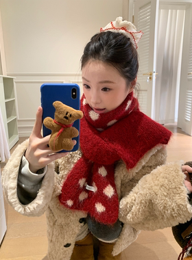韩系波点针织围脖红色围巾女秋冬季ins含羊毛保暖护颈防寒软糯潮