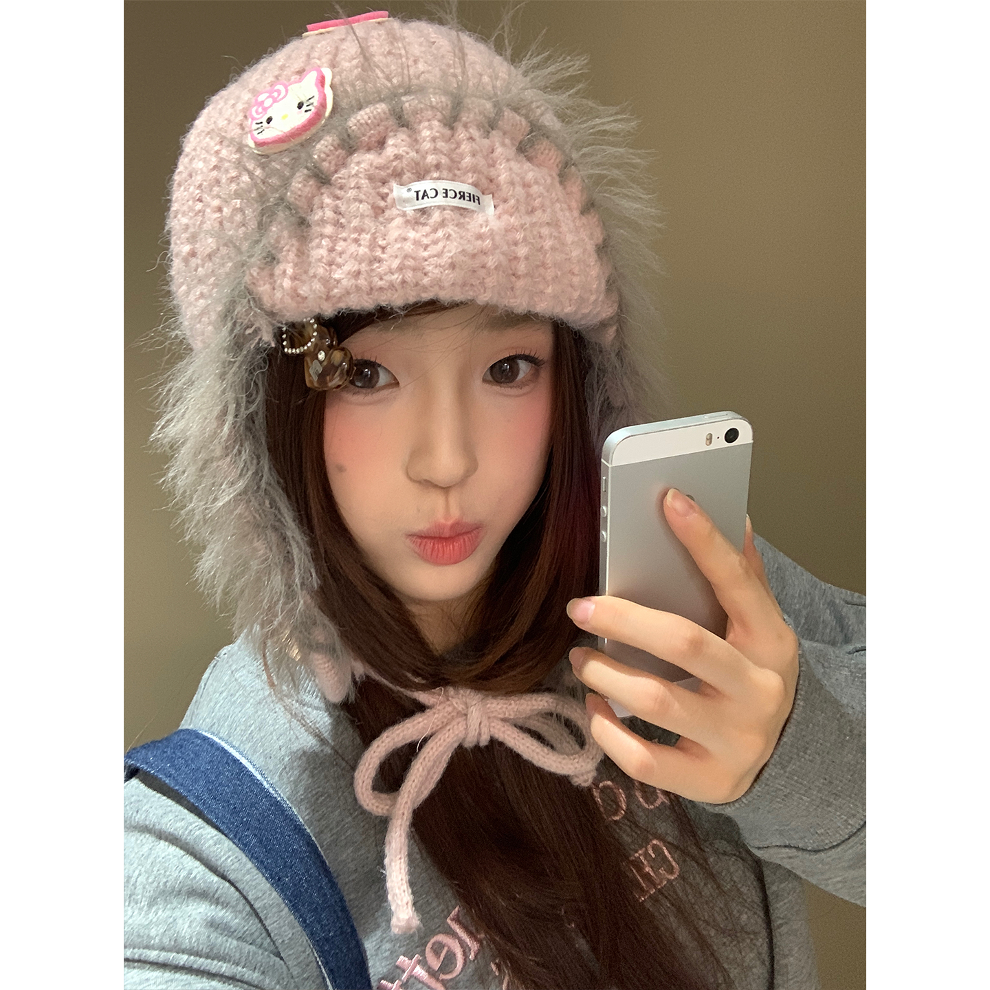 日系甜美小猫蝴蝶结针织毛线帽