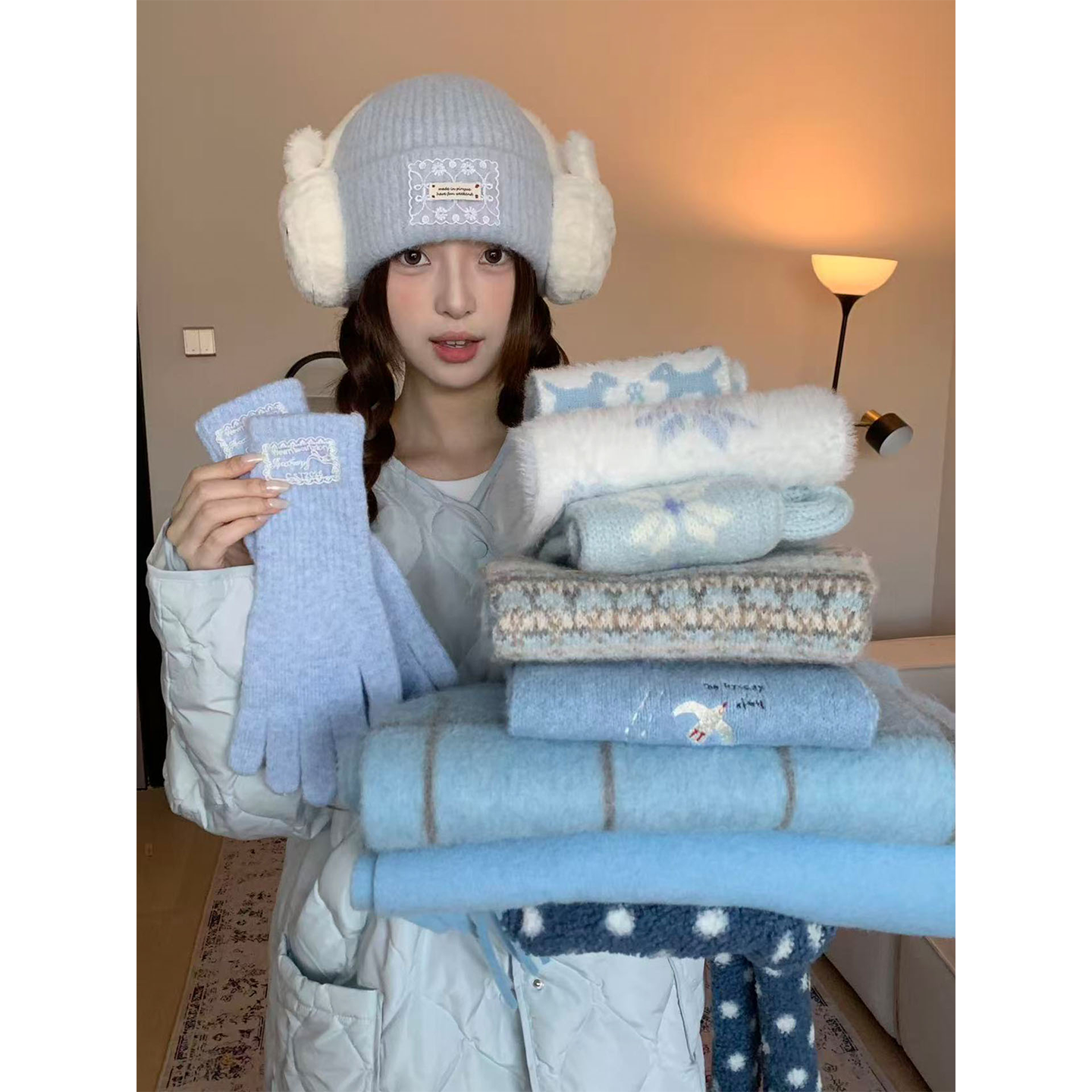 蓝色雪花氛围感格纹针织围巾