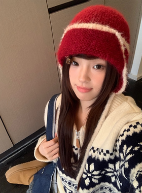 红色护耳保暖飞行帽子女秋冬户外复古百搭休闲毛线帽显脸小雷锋帽