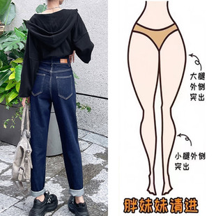 小个子宽松休闲哈伦萝卜裤 墨蓝色牛仔老爹裤 女显瘦2024年春秋新款