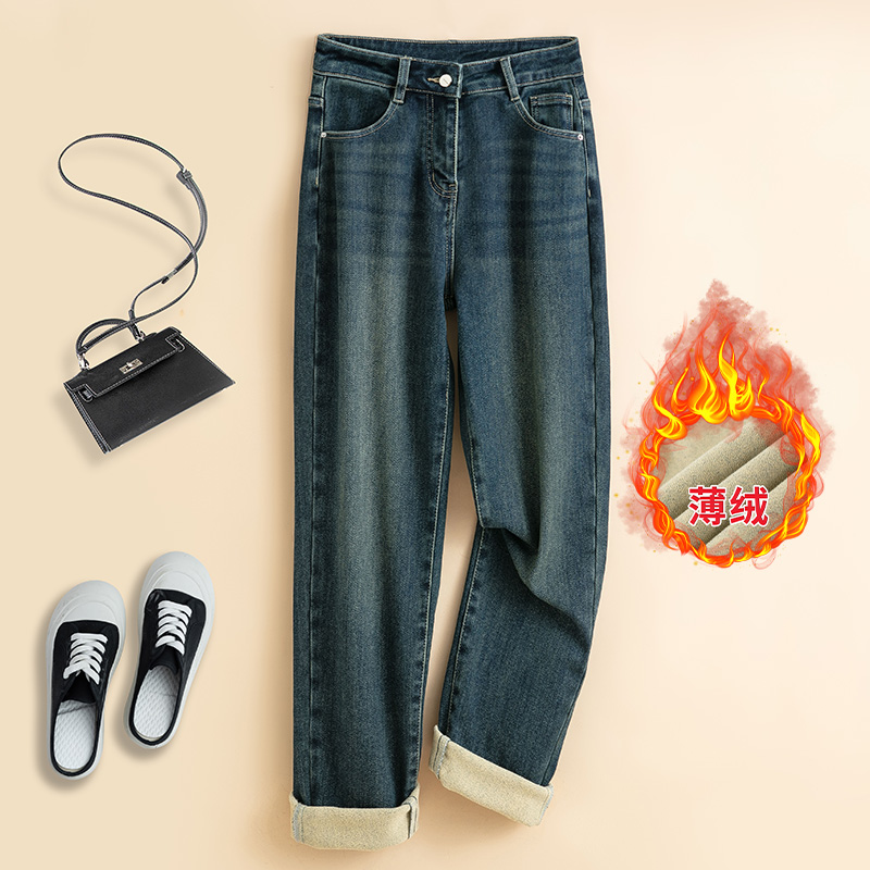 2024新款高腰直筒加绒牛仔裤显瘦