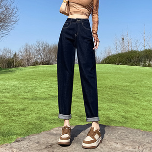 加薄绒哈伦牛仔裤 新款 梨型身材 子女高腰2024年秋季 遮肉显瘦老爹裤