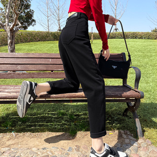 高腰梨形身材哈伦裤 黑色牛仔老爹裤 加薄款 新款 子 女显瘦2024年秋季