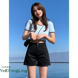 小个子百搭高腰显瘦a字裤 牛仔宽松2022年新款 潮ins 女夏季 黑色短裤