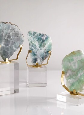 轻奢天然绿萤原石头水晶摆件样板房现代酒店客厅卧室简约家居软装