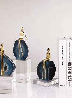 轻奢抽象黄铜人物玛瑙水晶石摆件样板间酒柜别墅家居软装饰北欧风