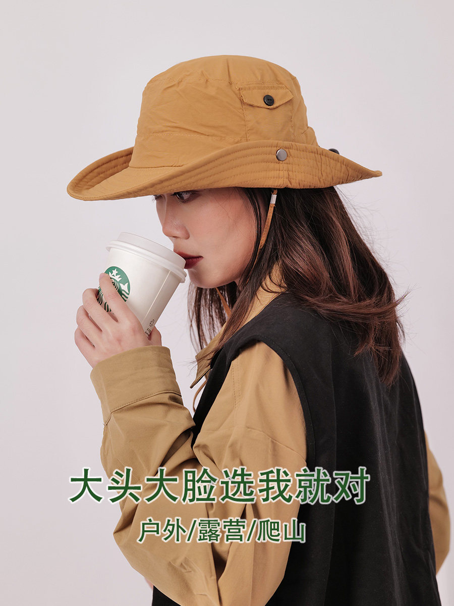 合适大头大脸戴的帽子女男工装户外露营防晒大帽檐西部牛仔渔夫帽