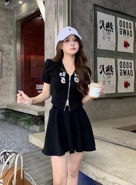 夏季新款韩版减龄休闲套装女设计感小众连帽上衣纯欲甜辣风半身裙