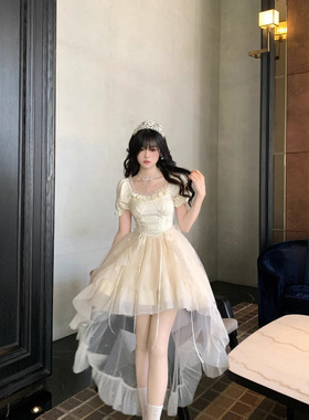 法式千金风大蝴蝶结提花细闪公主蓬蓬细闪拖尾裙高级优雅连衣裙女