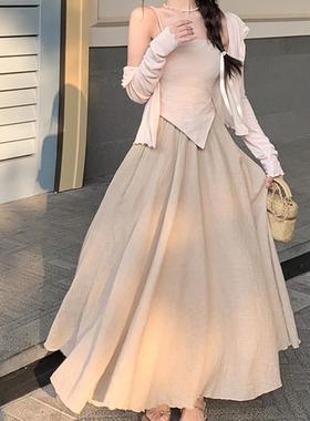 设计感别致奶咖色半身裙女夏季2025新款韩版洋气棉麻高腰A字长裙