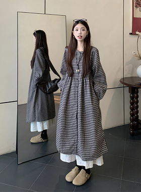 自制日系复古格子长袖衬衫裙女春叠穿慵懒风小个子学生气质连衣裙