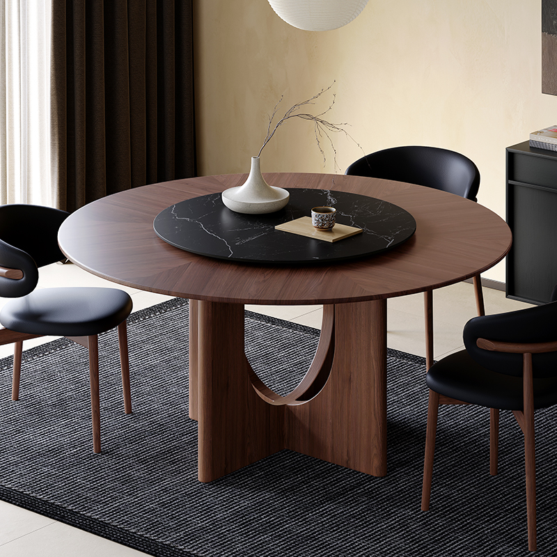 实木餐桌小户型家用圆形10人位饭桌带转盘中古风黑胡桃木餐桌圆桌