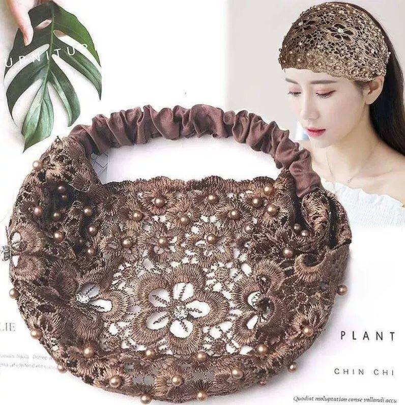 珍珠头套挡白发帽子发带女宽边蕾丝珍珠新款镂空遮白发网红头套