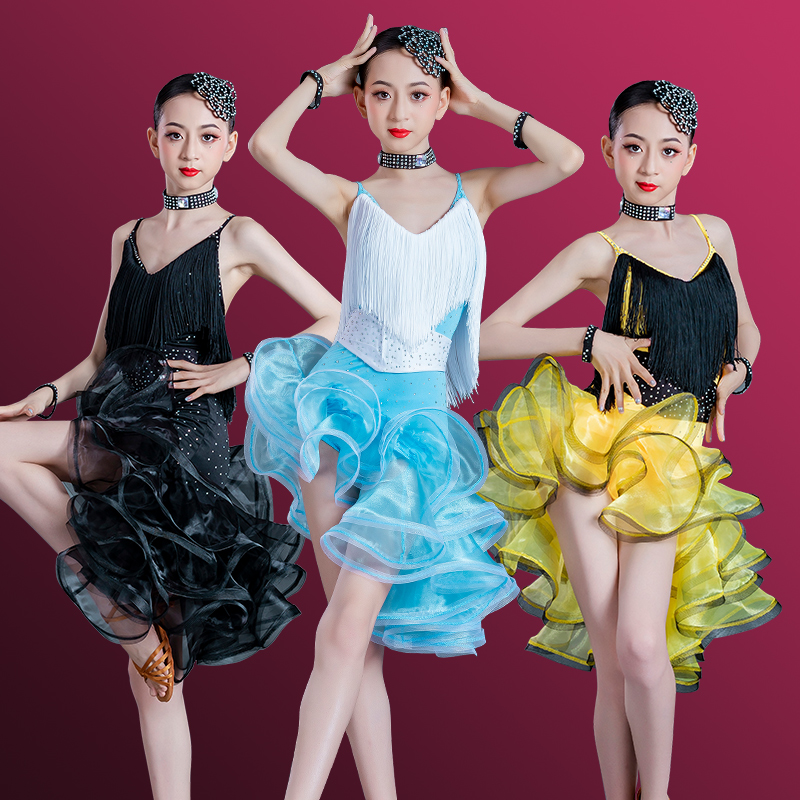 新款2024拉丁舞蹈服流苏舞裙女童夏季无袖连体拉丁舞台制定表演服