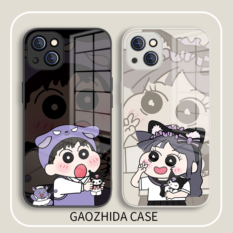 适用苹果14玻璃小众卡通全包