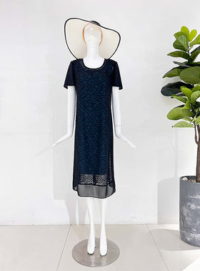 靓诺薄机理纱配蓝色背心裙连衣裙LL15230A
