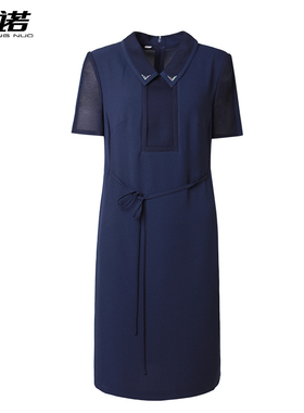 靓诺气质通勤收腰系带小翻领衬衫连衣裙女短袖中长款裙子LL20249A