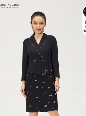 靓诺春季新款黑色九分袖收腰显瘦西装连衣裙女高级感裙子LL22322A