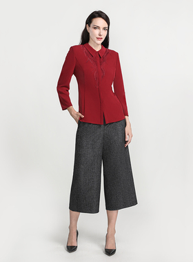 靓诺红色绣花立领衬衣LC19311A